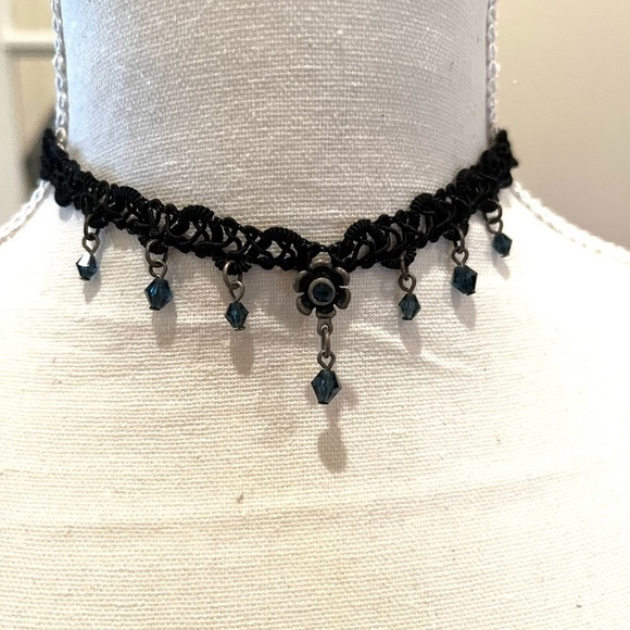 Romantic Black Lace Choker with Blue Faceted Beads. Flower in center Lace Gothic - Picture 1 of 11